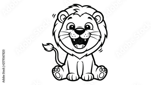Black and white line art illustration of a happy cartoon baby lion cub sitting down, featuring a wide smile, large eyes, and a fluffy mane, isolated on a plain white background.