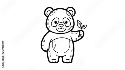 Simple black and white line art illustration of a cute cartoon panda standing and holding a leaf branch on a white background, designed for children's coloring book activities.