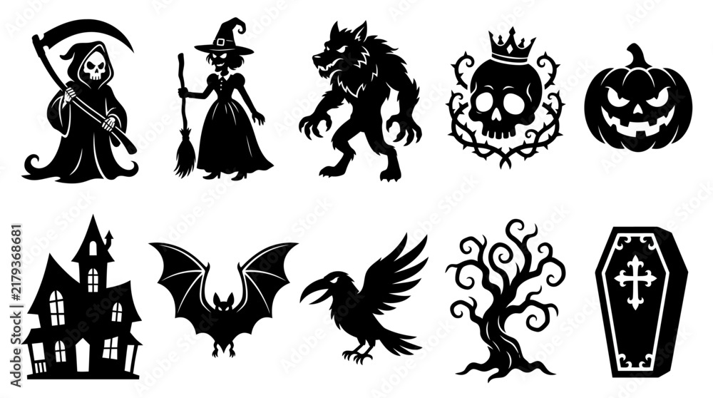 Fototapeta premium Halloween icons set with spooky symbols and creatures. Vintage Gothic Halloween Silhouette set, Vector illustration
