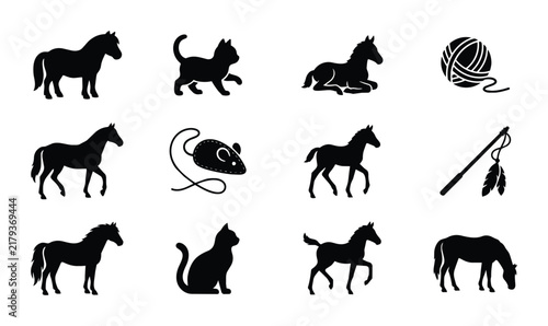 Silhouette Animal Icons: Horses, Cats, Mouse, Yarn Ball, Feather Wand, Vector Set for Pet and Farm Themes