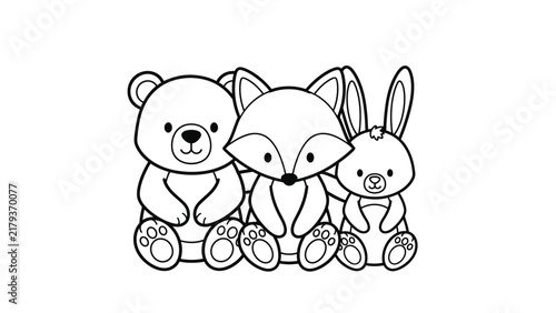 Cute cartoon bear, fox, and rabbit sitting together in a row, black and white line art illustration for children coloring book page, minimalist vector characters isolated on white.