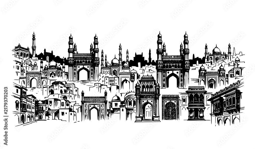 Fototapeta premium Hyderabad Old City Historical Skyline Hand Drawn Ink Vector Illustration