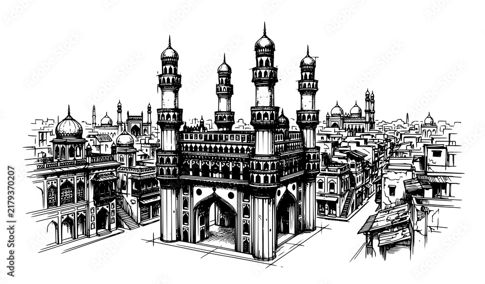 Obraz premium Charminar Hyderabad Historical Architecture Hand Drawn Vector Sketch