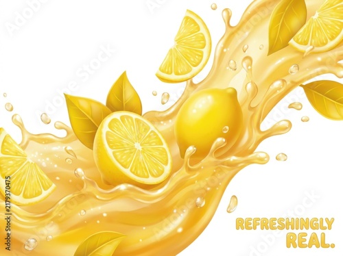 Vibrant lemon juice splash with fresh whole and sliced lemons, leaves, and glistening droplets. Perfect for refreshing drinks, natural fruit concepts, and healthy beverage ads.