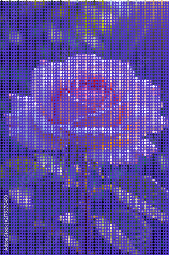 Abstract digital glitch effect with purple and white colors