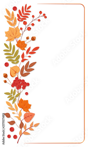 Autumn vertical border with maple leaves and rowan berries. Fall foliage frame for card, poster, banner design. Thanksgiving, harvest. Blank page template. Vector illustration, isolated on white.