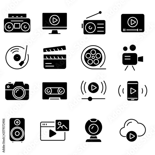 Multimedia entertainment icons set, black solid video and audio symbols, 16 vector media production elements for web design
