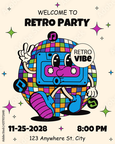 Invitation to Retro Party. Vector illustration of funny Retro Audio Tape Cassete character Disco ball with Welcome message. Perfect Party Invitation flyer design. EPS 10