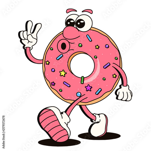 Perfect Donut vector Character. Sweet Donut with pink glaze emotion face hands and legs  isolated transparent background. Template design for sweetshop poster menu cover print. EPS 10