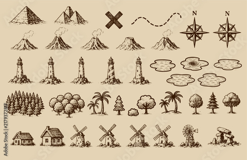 Fantasy medieval cartography map elements, vector, drawing symbols, illustration