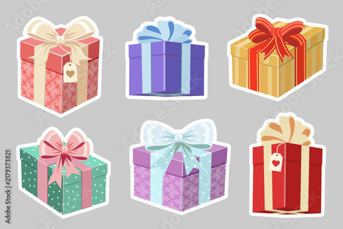 Multicolored gifts with bows in stickers and decals.Vector collection of stickers and decals with gorgeous gift boxes.