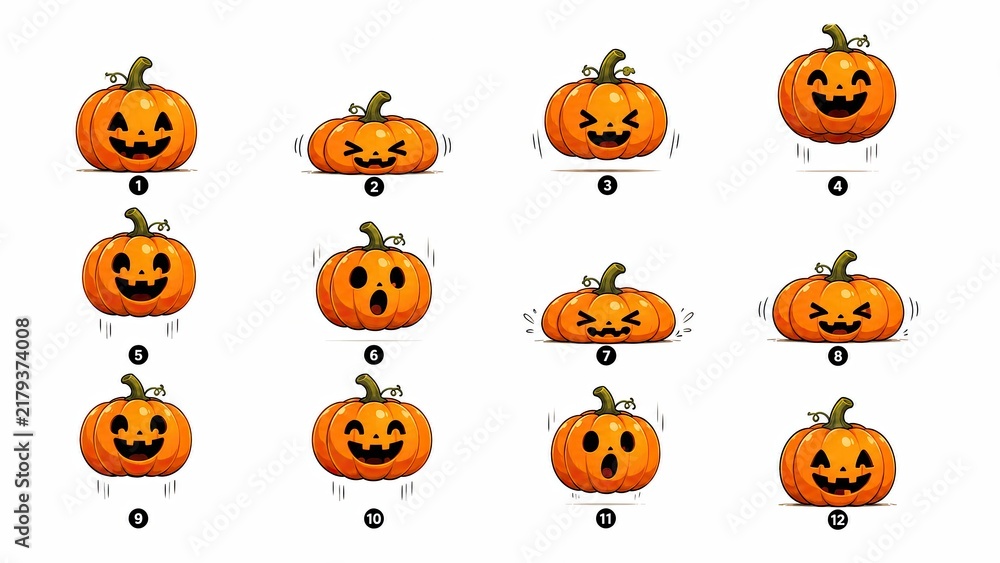 Fototapeta premium Collection of twelve hand-drawn Halloween jack-o'-lantern pumpkin expressions isolated on a white background.
