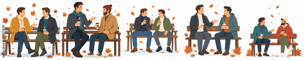 Obraz premium Vector illustration of men sitting on a park bench, drinking hot coffee and chatting casually in autumn