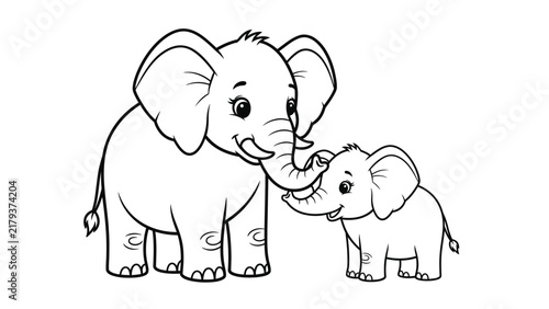 A black and white line art illustration of a mother elephant and her calf baby elephant, featuring clean outlines for coloring activities, isolated on a solid white background.