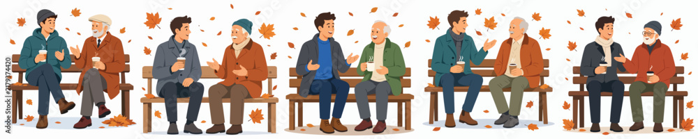 Obraz premium Vector illustration of a man and grandpa sitting on a park bench, drinking hot coffee and chatting casually in autumn