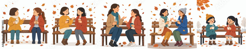 Fototapeta premium Vector illustration of a two daughters sitting on a park bench, drinking hot coffee and chatting casually in autumn