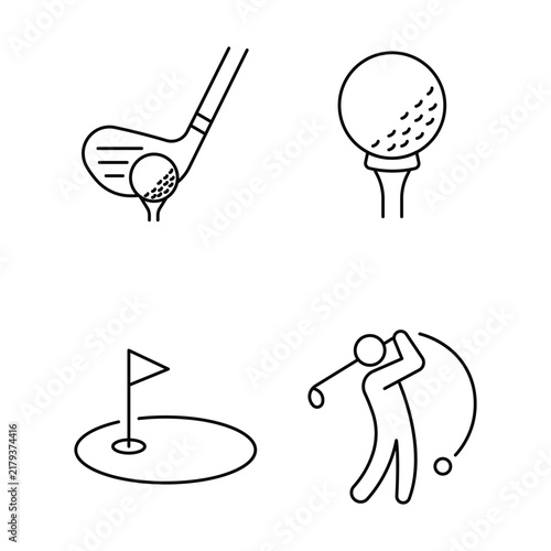 Linear icon set showing golf elements: club addressing ball on tee, ball on tee, hole with flag on green, and a golfer in action.