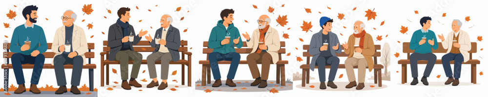 Obraz premium Vector illustration of a man and grandpa sitting on a park bench, drinking hot coffee and chatting casually in autumn