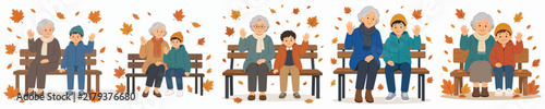 Vector illustration of a grandma and grandchild sitting on a park bench and waving during autumn