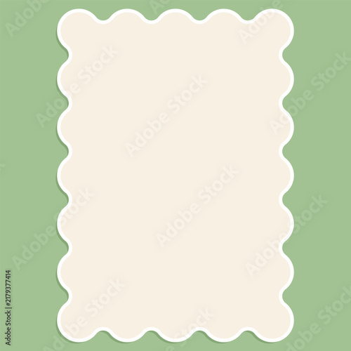 Wavy scalloped rectangle frame in sage green and cream, cute vector background with copy space