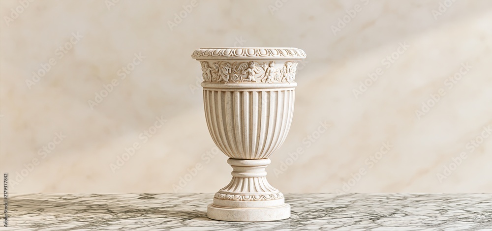 Obraz premium A ceramic urn adorned with mythological designs and classical columns, beautifully arranged on a subtle marble backdrop.