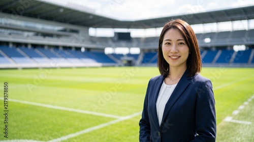 Tapety artystyczne プロフィール写真をイメージした、天然芝のサッカースタジアムのピッチを背にして穏やかな笑顔をカメラに向けている、知的な印象の20代日本人女性社員のバストアップポートレート