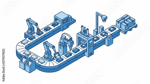 Isometric Illustration of an Automated Factory Production Line with Robotic Arms.