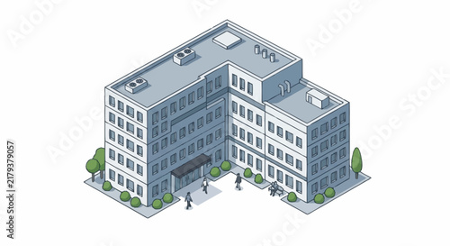 Isometric illustration of a modern multi story corporate office building.