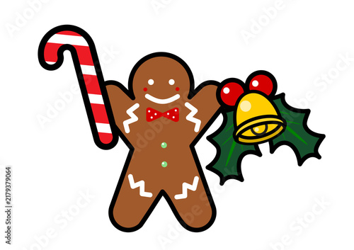 クリスマスステッキとヒイラギを持ったジンジャーブレッドマンのイラスト