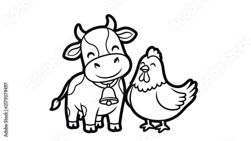 Detailed black and white line art illustration featuring a smiling cartoon cow wearing a bell and a friendly chicken hen, ideal for kids coloring book page on white background.