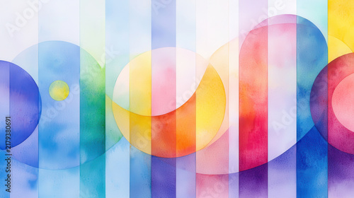 Colorful abstract watercolor design with circles and stripes creating vibrant composition