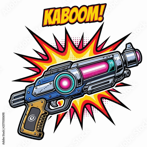 Obraz na płótnie Futuristic laser blaster gun displaying powerful explosion effect with colorful comic style typography graphic art element