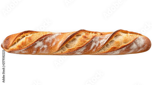 Artisan sourdough baguette with a golden crust and airy crumb, isolated on white