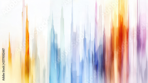 Abstract watercolor artwork featuring vibrant colors and vertical lines creating cityscape effect, evoking sense of movement and energy