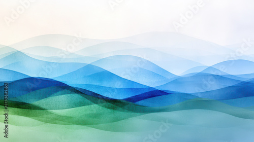 Soft blue and green abstract waves create serene landscape, evoking calmness and tranquility in watercolor style