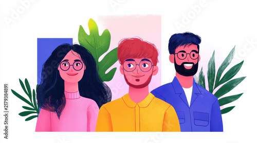 Vibrant illustration of three diverse individuals with glasses, smiling against backdrop of tropical leaves and geometric shapes, conveying sense