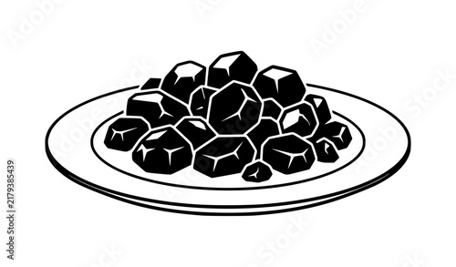 Black coal pile on plate isolated monochrome vector illustration