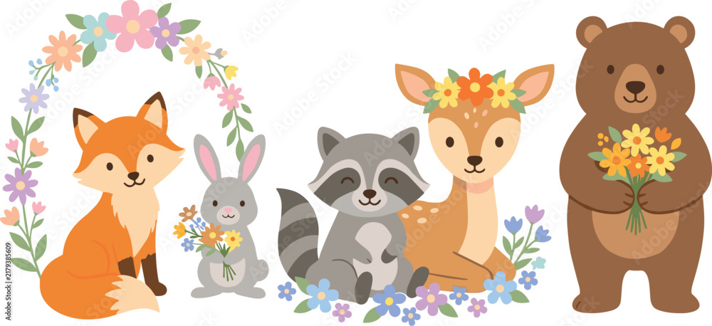 Obraz premium Cute woodland forest animals vector collection set isolated on white background with fox rabbit raccoon deer bear and spring floral bouquets
