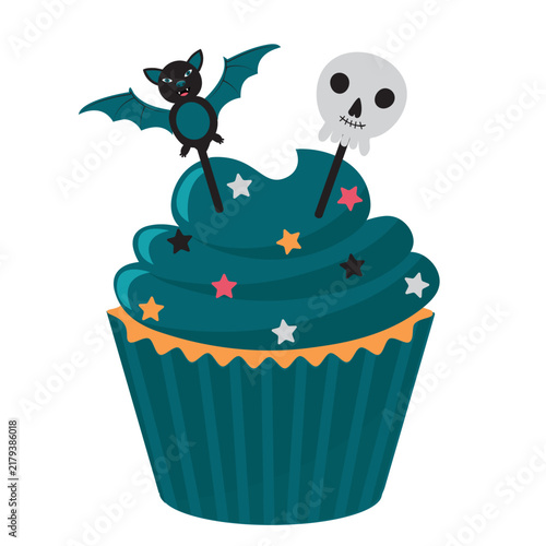 Cute Halloween Cupcake with Bat and Skull, Spooky Sweet Dessert