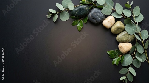 Zen stones and eucalyptus branches on dark background, spa and wellness concept