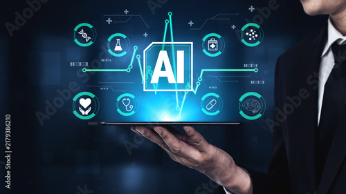 Fotografía Futuristic Technology Concept Showcasing Artificial Intelligence With Digital Icons and Data Visualization in a Business Environment Haptic