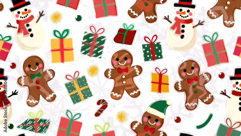 Fototapeta premium Seamless Christmas pattern featuring cute gingerbread man, snowman, and colorful gift box. Whimsical holiday illustration on a white background