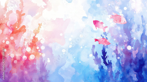 Colorful underwater scene with watercolor fish swimming among vibrant coral reefs, creating serene and tranquil atmosphere