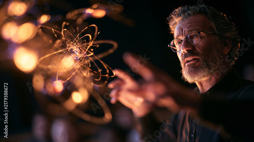 Scientist Interacting with Glowing Quantum Atom Hologram