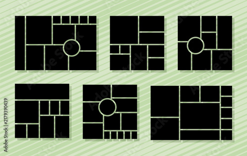 Mood board template. Collage grid. Moodboard background. Photomontage pictures layout. Set of modern mosaic frames. Album scrapbook design with circle. Mockup with gallery images. Vector illustration