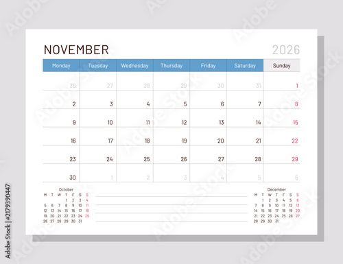 Calendar for November 2026 year. Planner calender template. Week starts Monday. Desk corporate diary. Monthly organizer. Table schedule grid. Vector simple illustration Timetable layout. Paper size A5