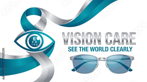 Eyeglasses sit beside stylized eye icon banner.