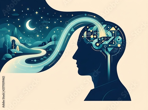 Conceptual illustration of human consciousness and digital mind connectivity with night landscape.
