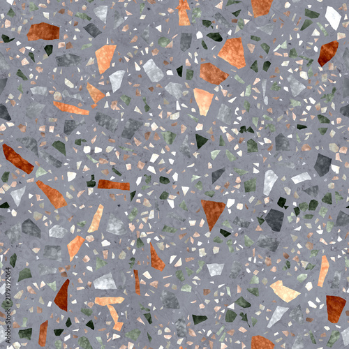 Gray terrazzo with terracotta and copper stone chips — Warm metallic orange aggregate on cool gray base for mid-century modern designers, ideal for retro kitchen countertop and vintage bar surface des