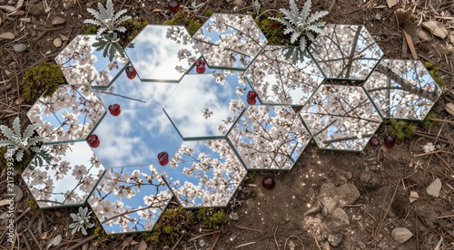 Obraz na płótnie Hexagonal mirrors reflecting cherry blossoms on soil